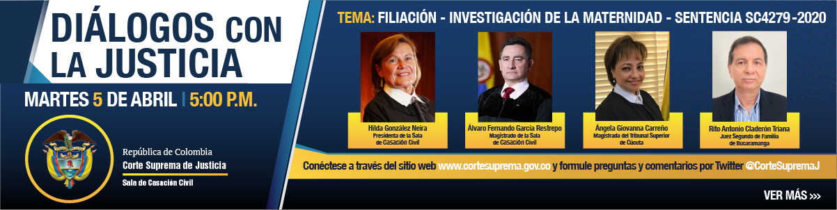 Vea en directo, Diálogos con la Justicia, tema: "Filiación - Investigación de la maternidad” SC4279-2020, martes 05 de abril de 2022, a partir de las 05:00 p.m.