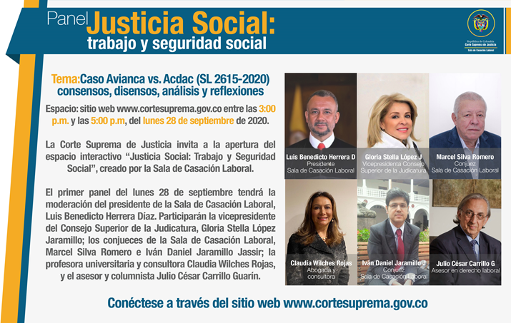 El evento tendrá lugar el lunes 28 de septiembre, a partir de las 3:00 p.m. y podrá seguirlo en directo a través de la página web de la Corte Suprema de Justicia www.cortesuprema.gov.co. y por la cuenta de twitter @CorteSupremaJ