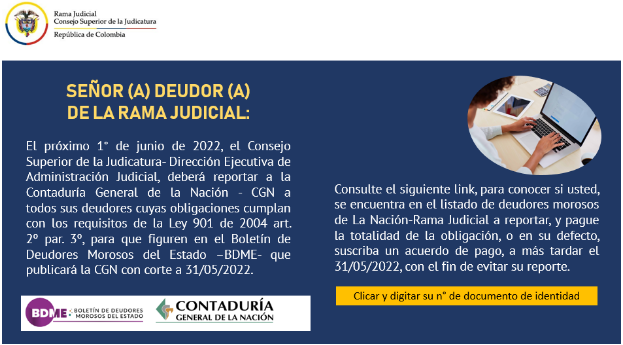 Consulta deudores con probable reporte en el Boletín de Deudores Morosos del Estado- BDME de la CGN con corte a 31/05/2022