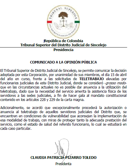COMUNICADO A LA OPINIÓN PÚBLICA - TELETRABAJO