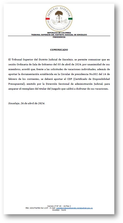 COMUNICADO Tribunal Superior del Distrito Judicial de Sincelejo - solicitudes de vacaciones individuales