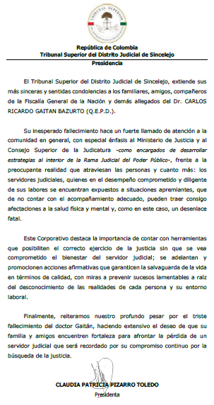 Condolencias a los familiares, amigos, compañeros de la Fiscalía General de la Nación y demás allegados del Dr. CARLOS RICARDO GAITAN BAZURTO (Q.E.P.D.)