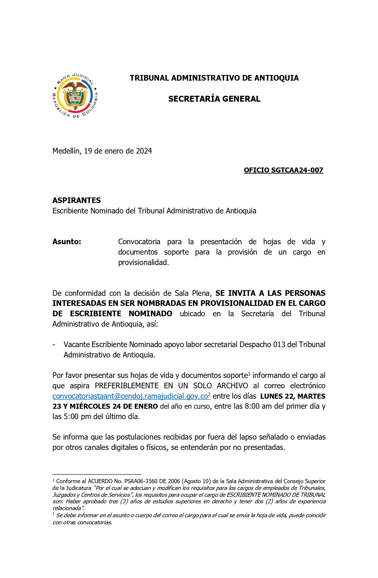 CONVOCATORIA ESCRIBIENTE NOMINADO TRIBUNAL