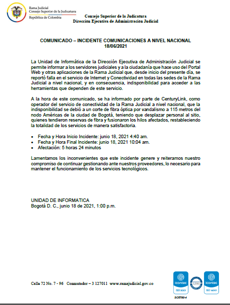 Comunicado - Incidente de comunicaciones
