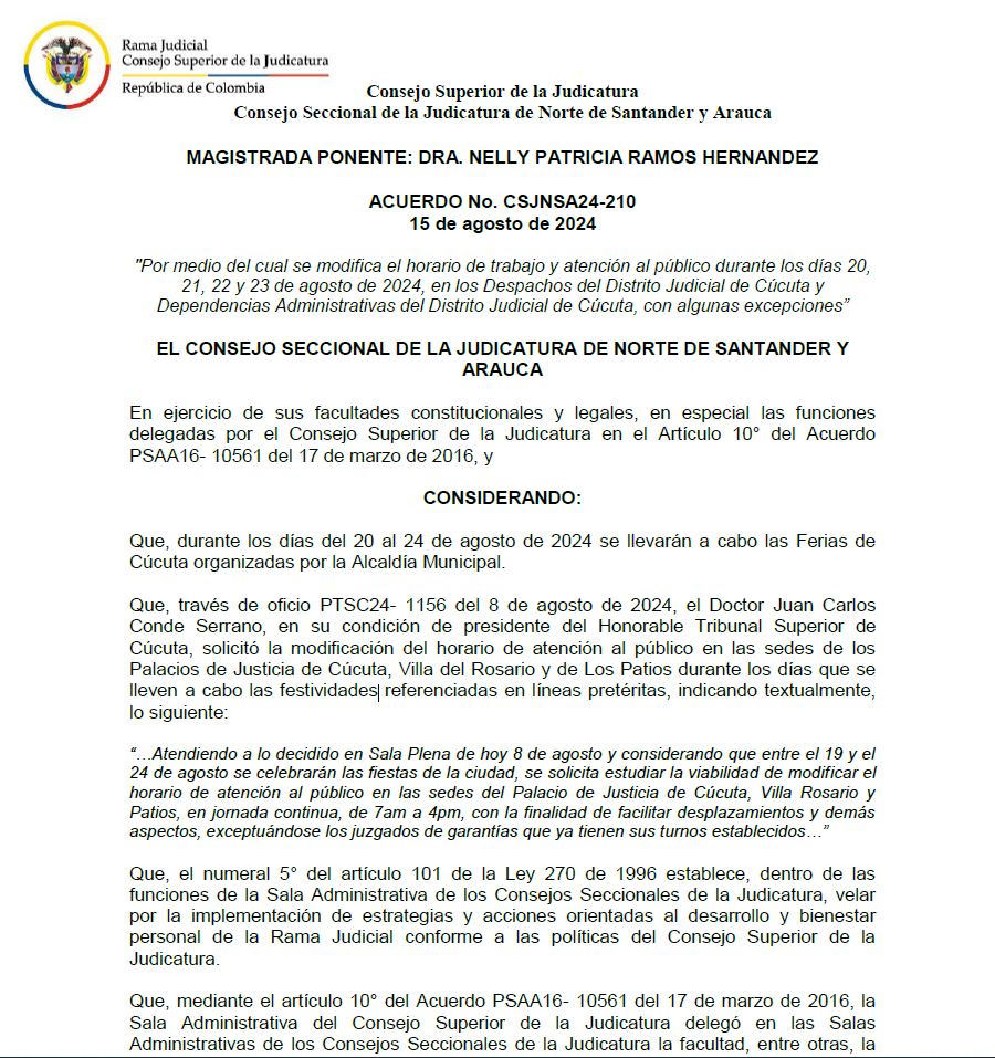 ACUERDO No. CSJNSA24-210 15 de agosto de 2024