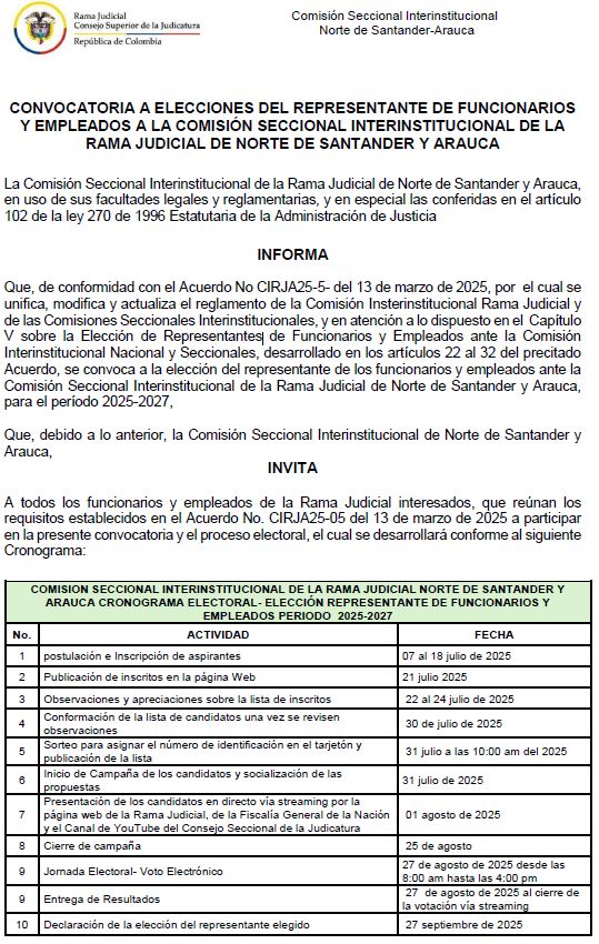 CONVOCATORIA PARA ELEGIR AL PRÓXIMO REPRESENTANTE DE LOS FUNCIONARIOS Y EMPLEADOS DE LA RAMA JUDICIAL