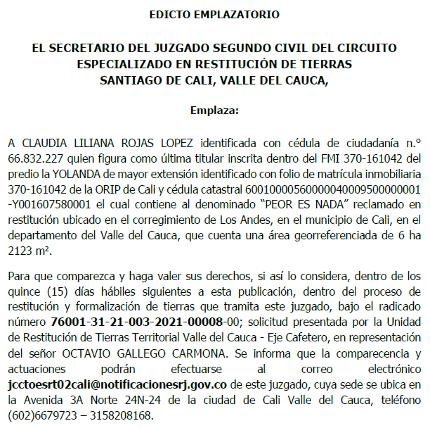 Emplazamiento Solicitud de restitución de tierras 76001-31-21-003-2021-00008-00