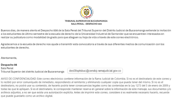 Convocatoria para realizar Judicatura como modalidad de grado - Sala Penal del Tribunal Superior de Bucaramanga