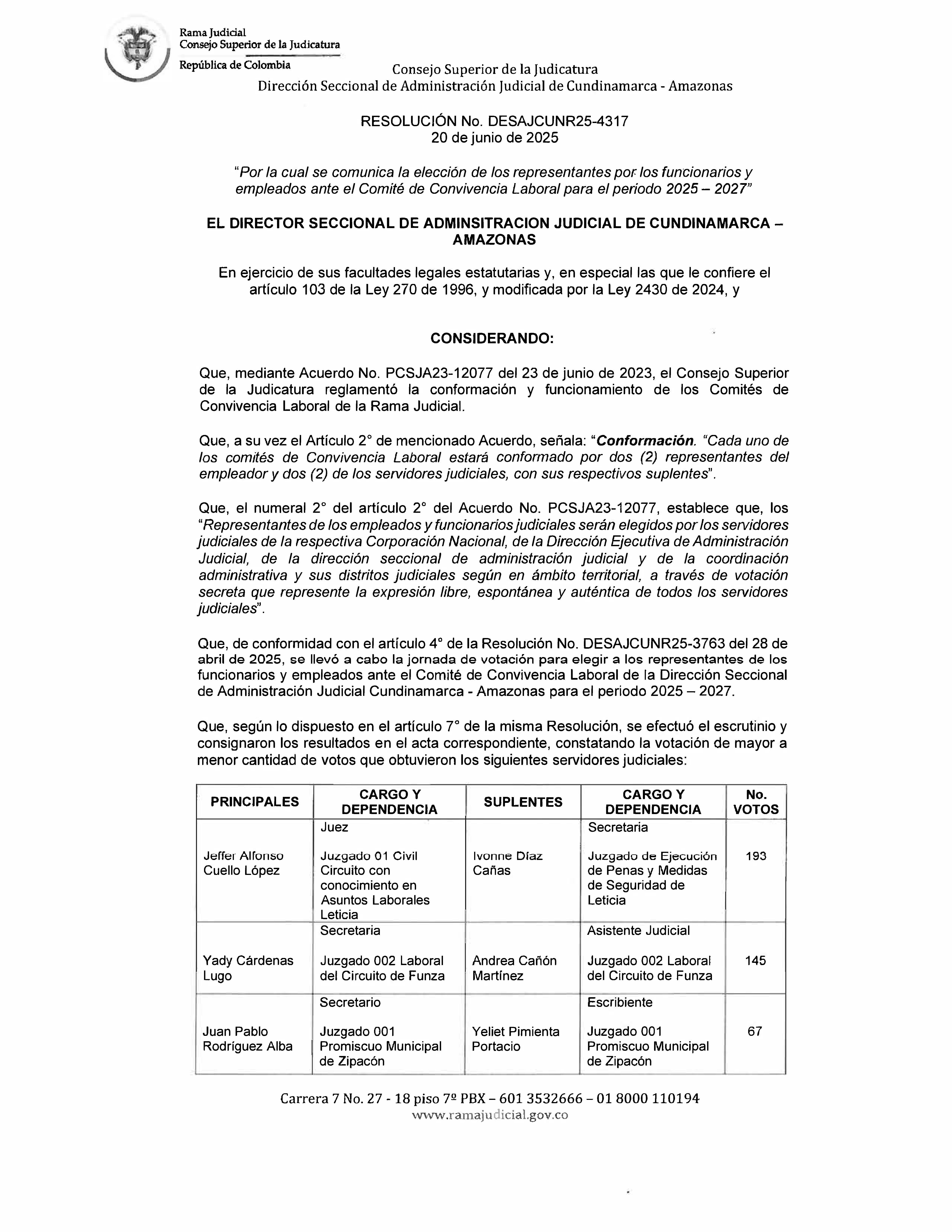 Resolución No. DESAJCUNR25-4317 de fecha 20 de junio de 2025