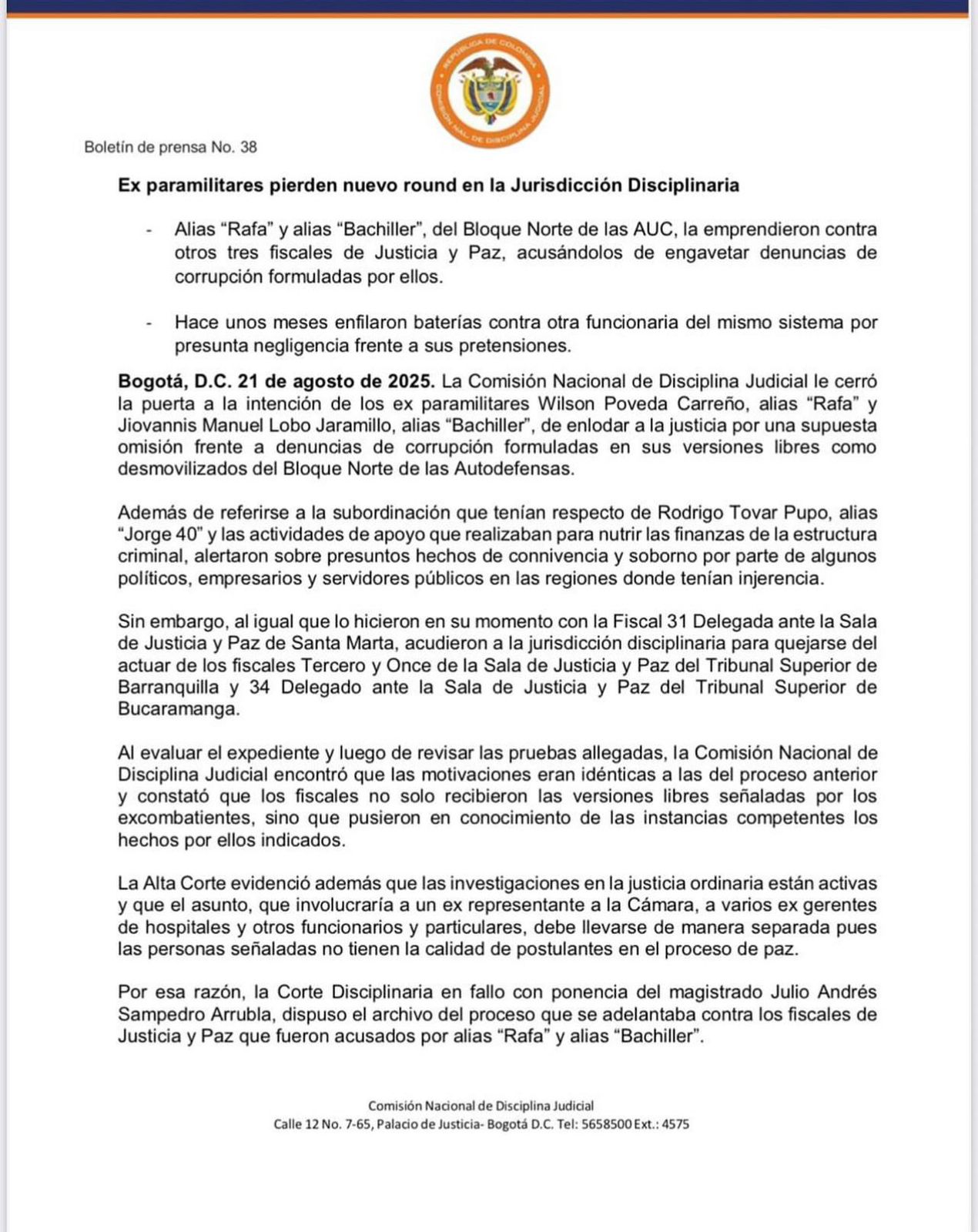 Boletín de prensa Nro. 38