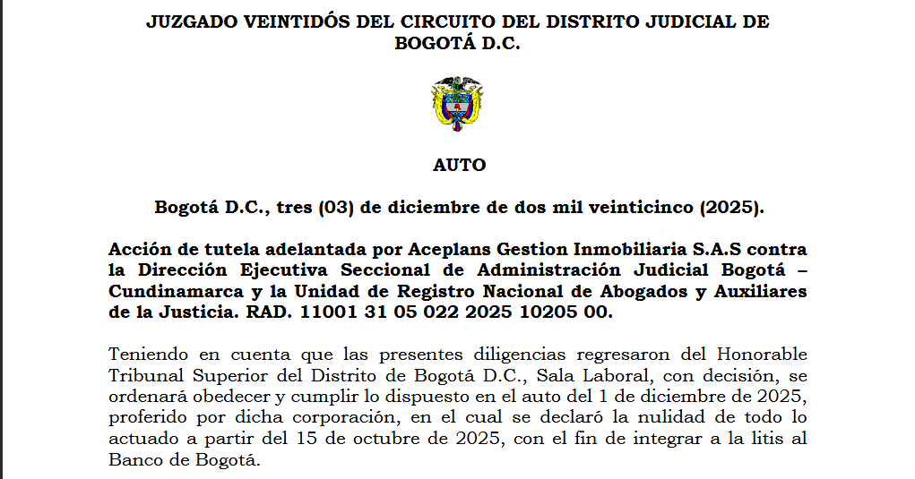 AUTO Acción de tutela adelantada por Aceplans Gestion Inmobiliaria S.A.S
