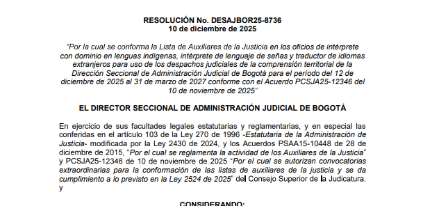 Resolución No. DESAJBOR25-8736 "Por la cual se conforma la lista de Auxiliares de la Justicia en los oficios de interprete con dominio en lenguas indígenas, intérprete de lenguaje de señas y traductor de idiomas extranjeros