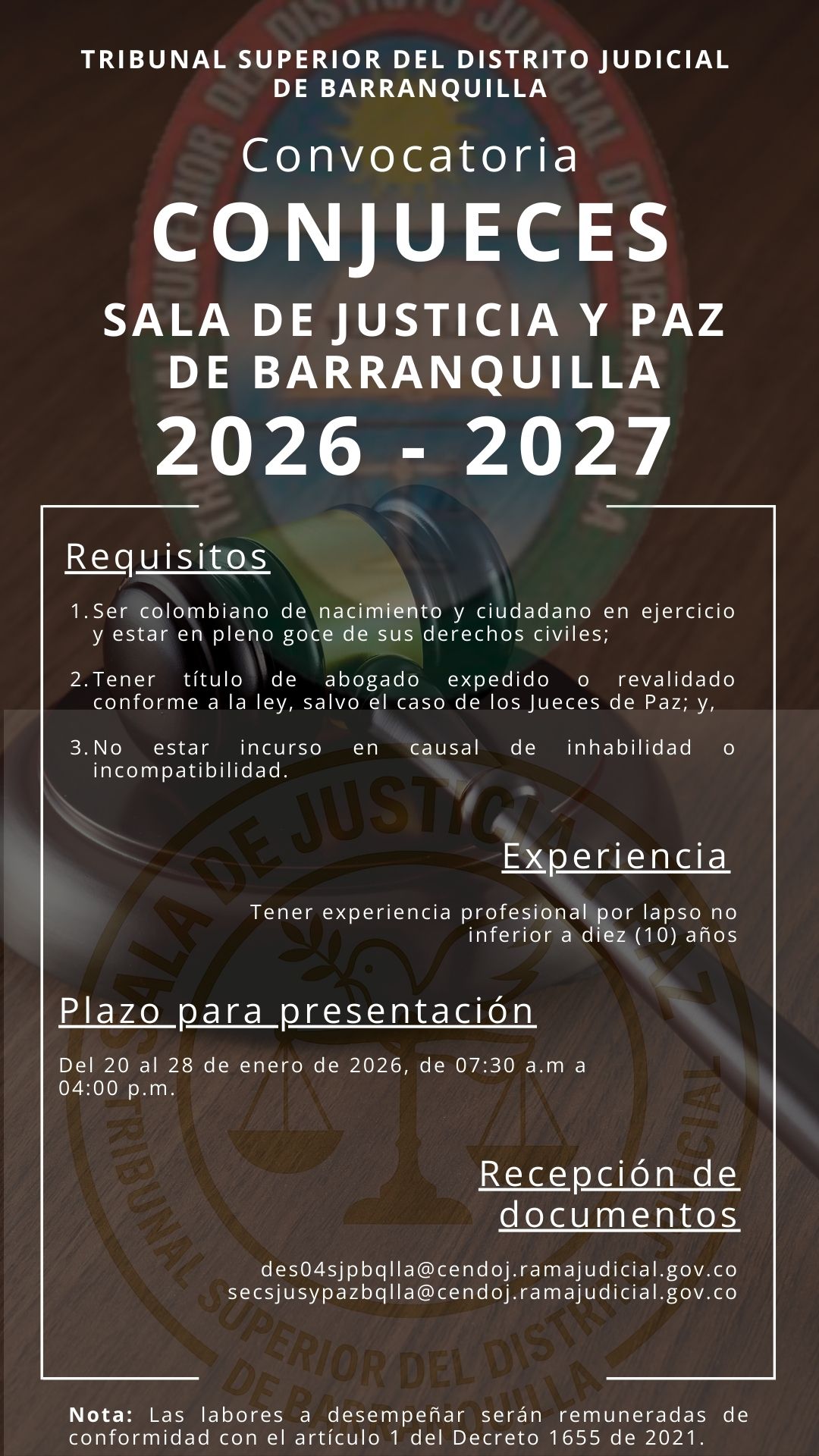 CONVOCATORIA CONJUECES SALA JUSTICIA Y PAZ BARRANQUILLA PERIODO 2026-2027