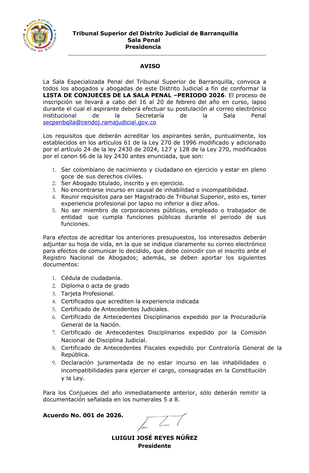 Convocatoria para conformar la lista de Conjueces 2026 de la Sala Penal de nuestra Corporación