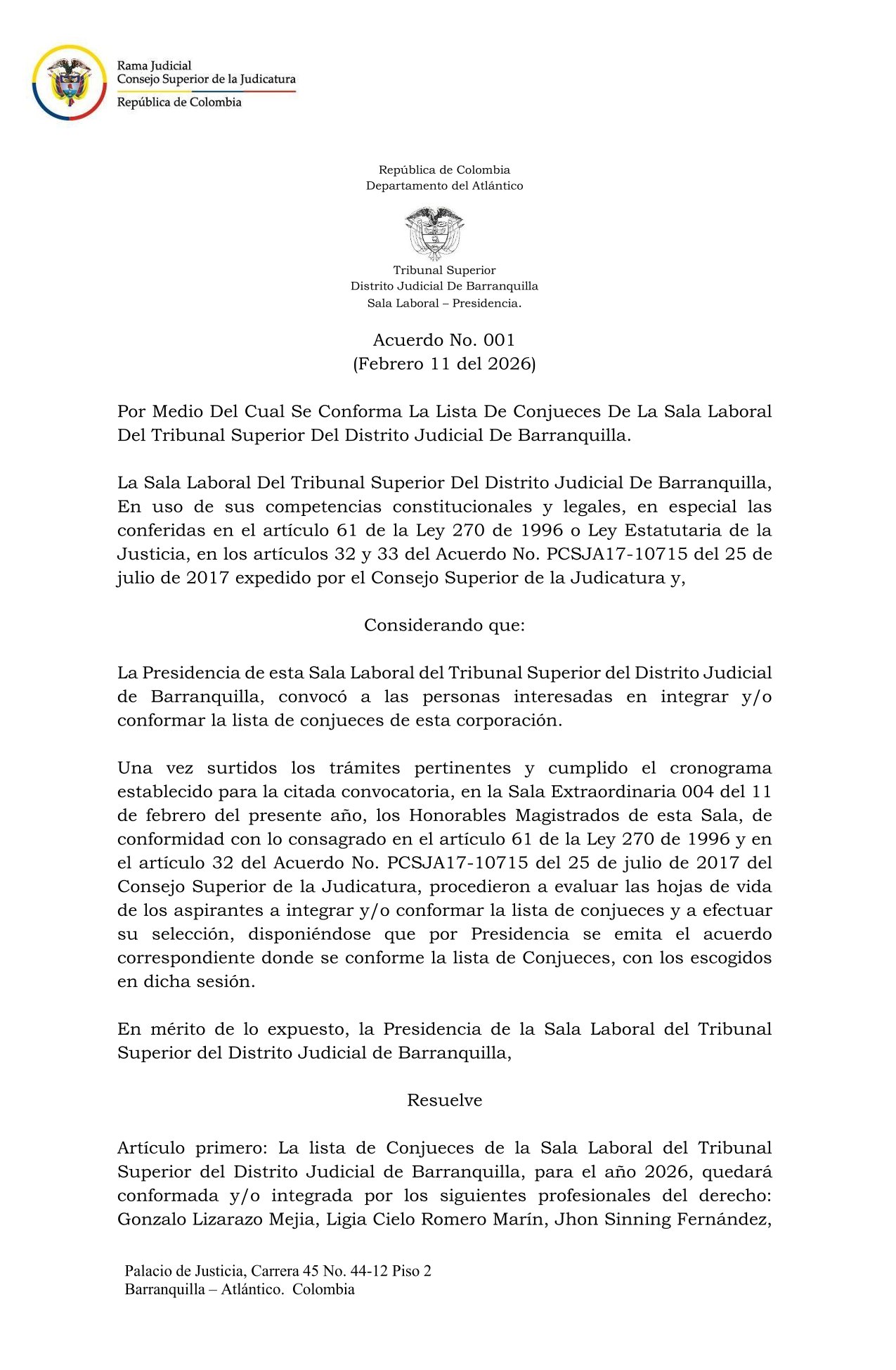 Conjueces de la Sala Laboral designados para el periodo 2026