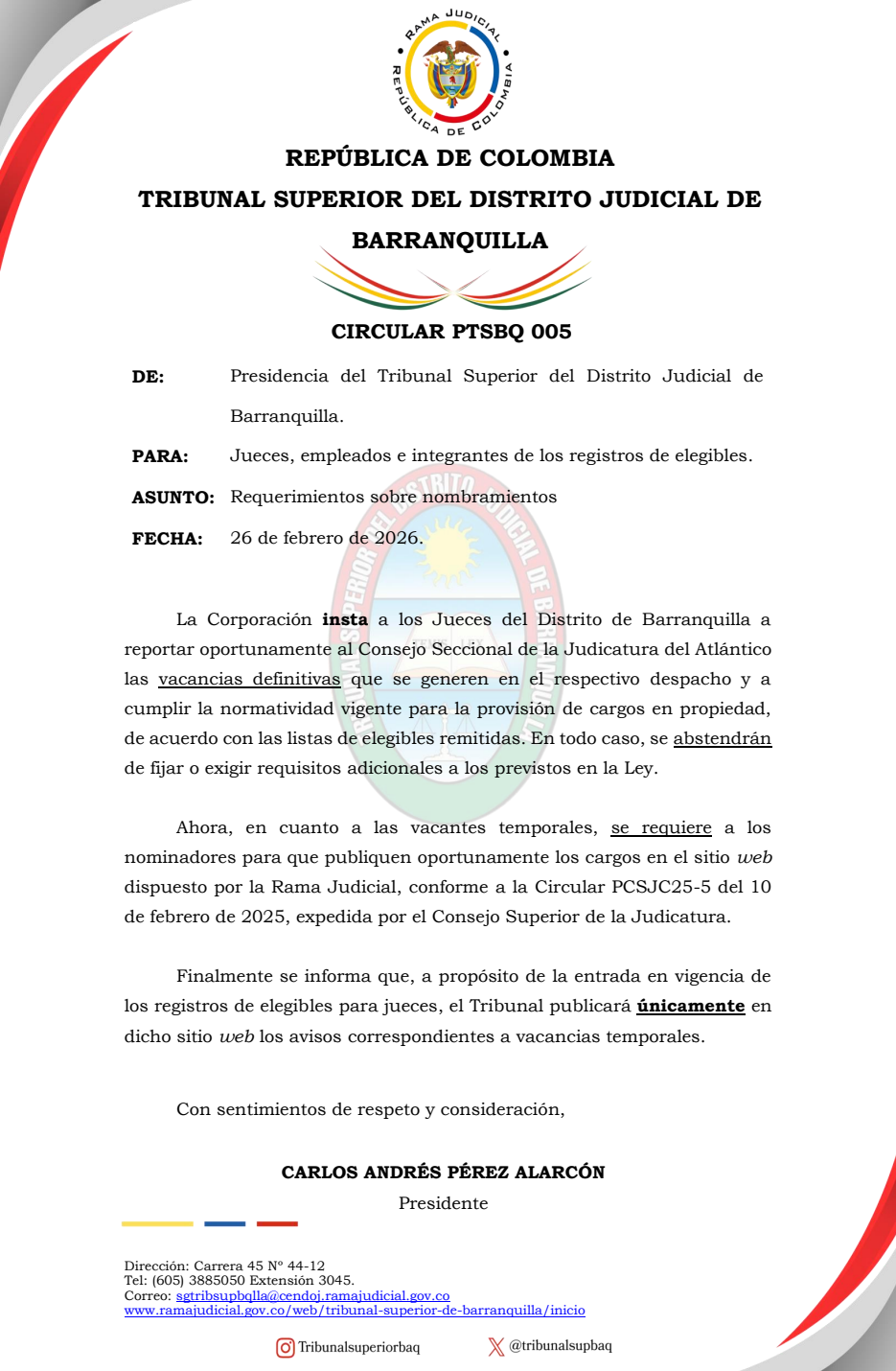 Publicación de avisos a vacantes temporales para jueces.