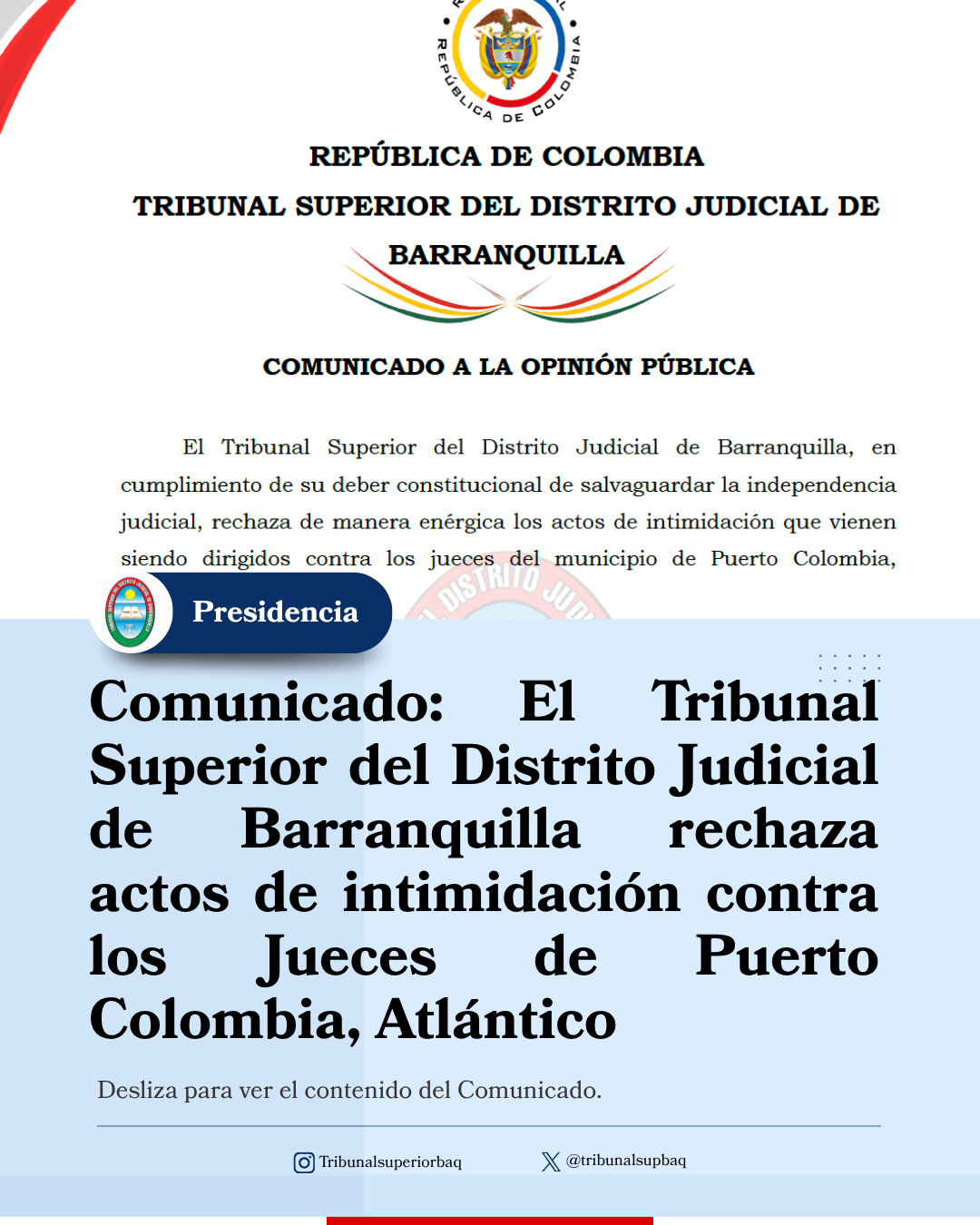 El Tribunal Superior de Barranquilla rechaza actos de intimidación contra los Jueces de Puerto Colombia, Atlántico