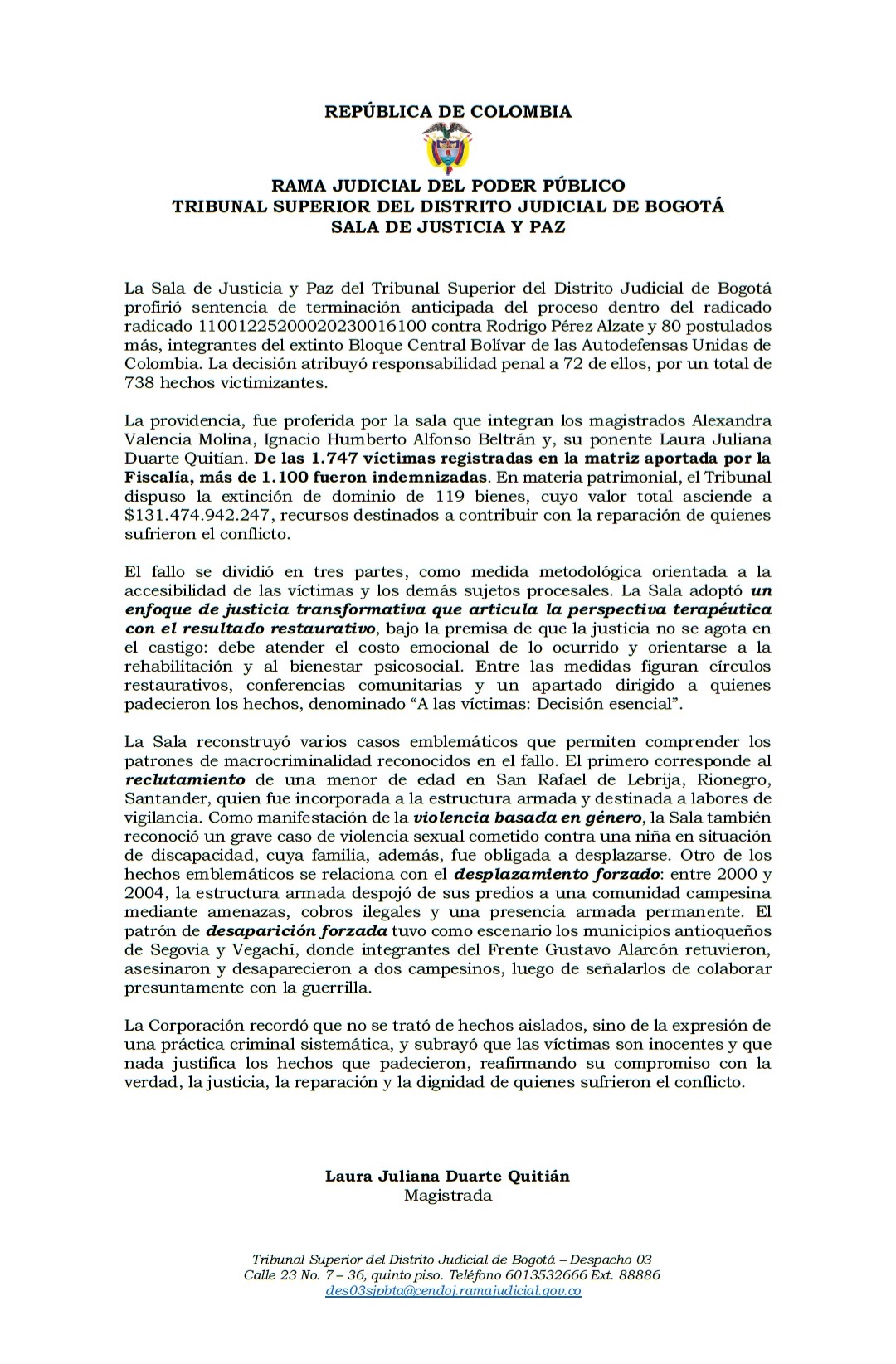 Sentencia de Terminación anticipada BCB y AUC