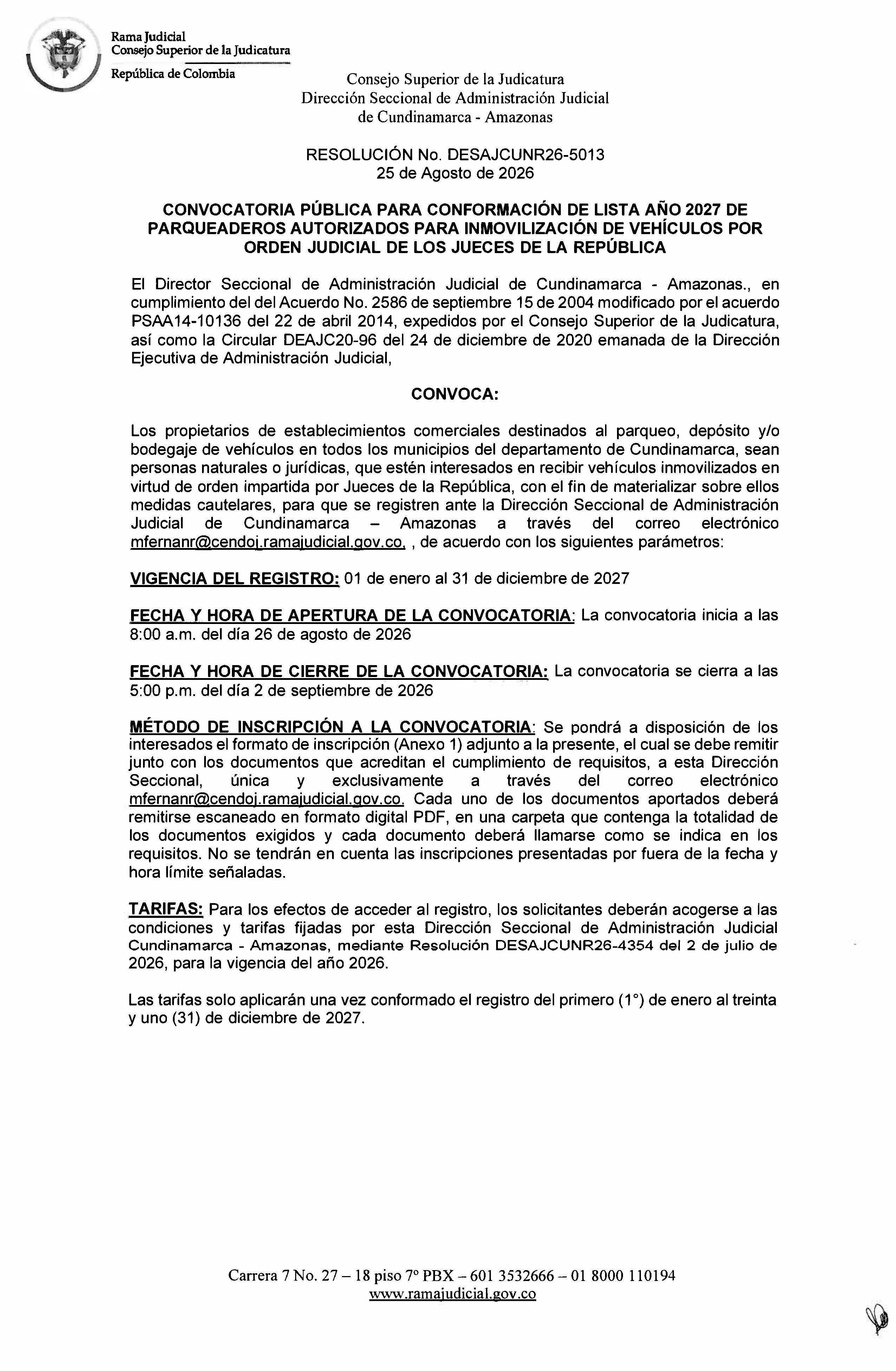 RESOLUCIÓN No. DESAJCUNR26-5013 25 de Agosto de 2026