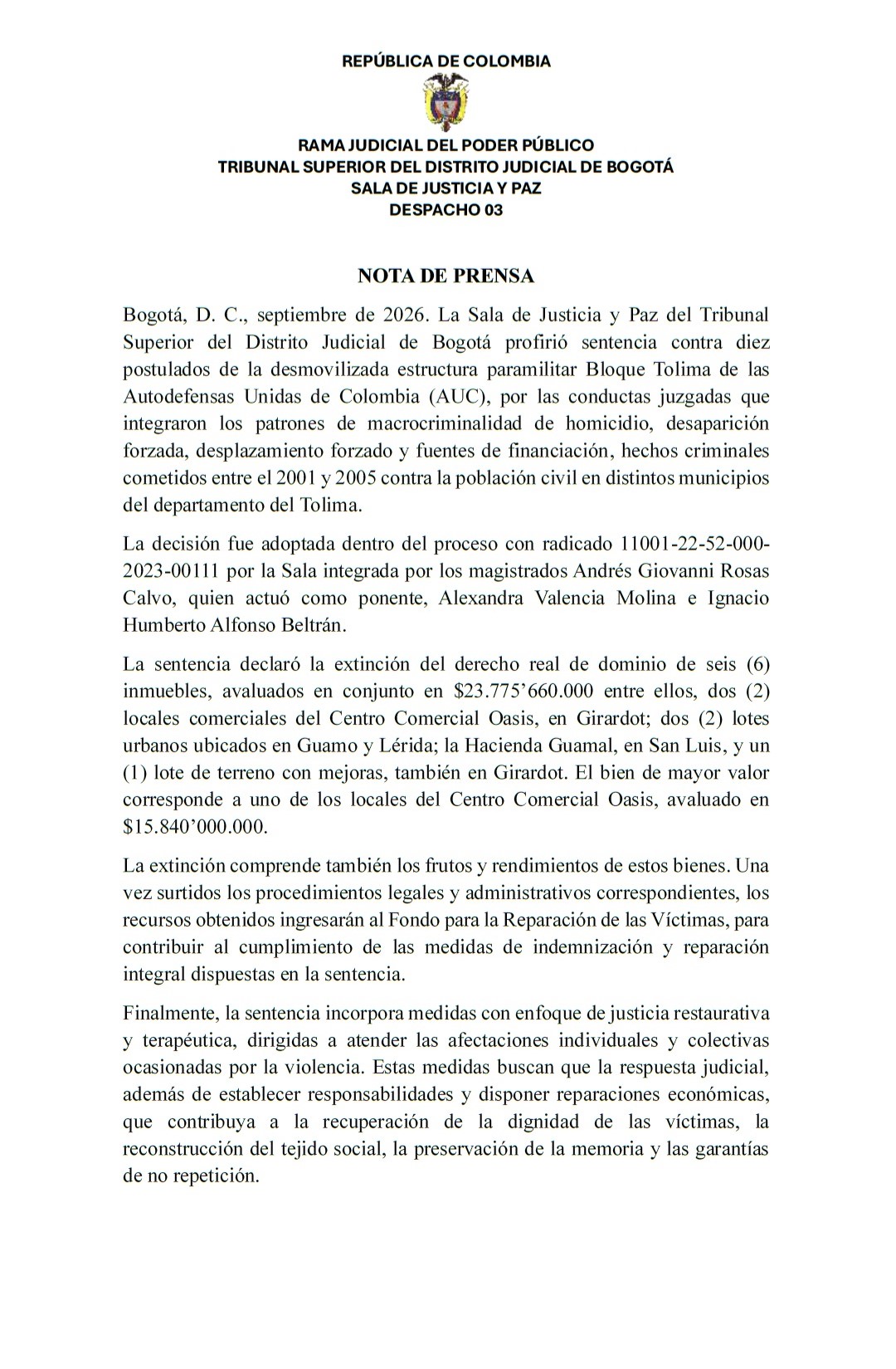 Sentencia Postulados Bloque Tolima de las AUC