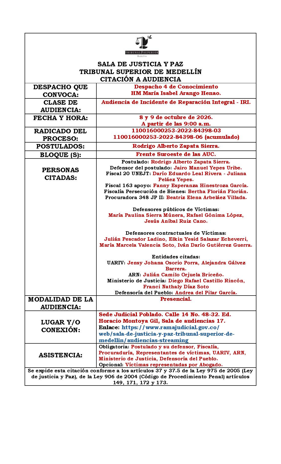 Audiencia de Incidente de Reparación Integral a las víctimas
